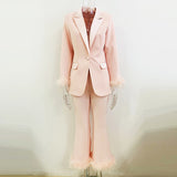 Fongt New Fashion Temperament Real Feather Ostrich Hairy Blazer Nine-Point Trouser Suit Two Sets