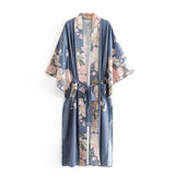Bohemian V neck Peacock Flower Print Long Kimono Robe Shirt Ethnic Lacing up Sashes Long Cardigan Loose Blouse Tops