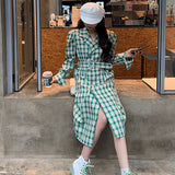 Plaid Oversized Blazer Women Single Breasted Lace Up Mid-length Suit Jacket Ladies High Quality