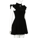 Ruffle Sleeve High Neck Velvet Black Mini Dress-Outfit