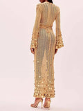 Fongt 2025 New Temperament V-Necked Liangs Sleeve Knitted Long Dress