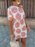 Summer Print Single Shoulder Pleated Back Short Sleeve Slim Holiday Seaside Mini Dress-Outfit