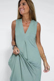 Fongt Summer New Fashion V-Neck Sleeveless Loose Thin Simple Solid Color Long