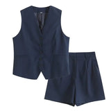 Fongt Summer Leisure Vest Set Linen-Blend Loose Vest + Shorts Set Women K27788