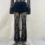 Fongt Sexy Lace Stitching Deep V Long Sleeve Top Slim See-Through High Waist Bell Bottoms Women's Suit-Outfit