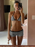 Fongt Style Sexy Striped Bikini Set Hottie Hanging Neck Vest + Shorts Two Sets