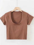 Fongt Solid Color Slim Sexy Female Short Sleeve U Collar T Shirt Basic Korean Version Short Jacket Ebay-Outfit