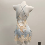 Fongt New Ice Silk Sexy Pajamas Pure High-End Small Breast Hollow Lace Sling Aja Skirt Homewear