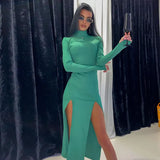 Fongt New High Collar Long Sleeves High Slits Irregular Slim Long Solid Color