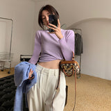 T-Shirt Women's Shoulder European 2023 New Thin Round Neck Cotton Folded Long-Sleeved Bottomed Blouse-Outfit