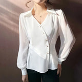 Style Irregular V-Neck Blouse Female Clothing Commute Asymmetrical Single-breasted Spring Autumn Chic Folds Waist Shirt-Outfit