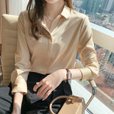 Elegant Satin Blouse Autumn Spring Turn-Down Collar Single-Breasted Long Sleeve Female Chiffon Shirt Ladies Blouse