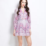 Fongt Retro Elegant Suit Collar Long Sleeves With Waist Print Dress Women's Thin Temperament Single Buckle A Skirt