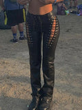 Cut-out Lace Up Pu Leather Pants-Outfit
