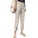 Fongt Waist Jeans Female 2024 New Autumn Thin Model Versatile Show Thin Loose Straight Tube Nine Points Trend White Pants-Outfit