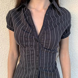 Striped Bubble Sleeve Blouse With Thin Waist And POLO Collar Button Cardigan Short Sleeved T-Shirt-Outfit