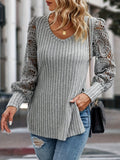 Fongt And Autumn 2025 Women's Casual Fashion Knitted Lace-Sleeved T-Shirt