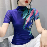 Summer Women Half Turtleneck Short Sleeve T Shirts Lady Elastic Tops Tees Female Basic Fashion Printing Mesh T-Shirt-Outfit