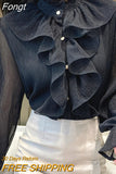 Stand Collar Chiffon Lace Shirts Korean Ruffles Stitching Elegant Button Blouse Woman Long Flare Sleeve Loose Tops