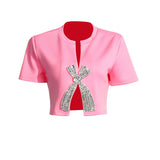 Fongt Simple Diamond Bow Bow Short-Sleeved T-Shirt 2025 New Trendy Niche Girl Open Fork Blouse Autumn And Winter