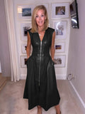 Fongt Women's Dress French Dress Retro Sleeveless Leather Zipper Dress Waist Girl 8115