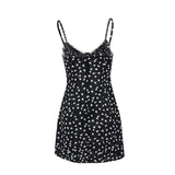 Summer Casual Mini Dress Floral Printing Lace Trim Spaghetti Strap Backless Slim Split Vestidos Boho Beach Clothing