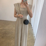 Chic Summer Retro Square Collar Collect Waist Show Thin Loose Versatile Long Sleeveless Jumpsuit Wide Leg Pants Woman-Outfit