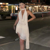 White Halter Deep V Neck Backless Mini Dress-Outfit
