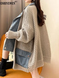 2024 New Autumn Denim Patchwork Loose Lazy Style Thickened Clothes Knitted Sweater Coat Cardigan Tops For Women TH5310-Outfit