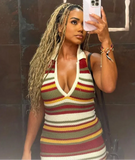 Knitted Stripe Halter Collar Mini Dress-Outfit