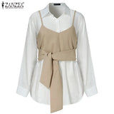 Women Fashion OL Two Piece Set Shirt 2022 Spring Belted Lace Up Blouse Casual Solid Puff Sleeve Lapel