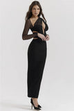 Mesh Long Sleeve Bodycon Deep Neck Maxi Dress-Outfit