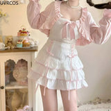 Kawaii Lolita Style Pleated Skirts Women High Waist Pink Bandage Fairy Y2k Aesthetic Skirt Cute Faldas Mujer Moda 2023-Outfit
