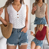 Shooting Summer New Solid Color Button V Collar Hollow Sleeveless Top Holiday Knitwear Women's