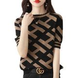 Women's Clothing Vintage Letter Printed Pullovers Fashion Screw Thread Patchwork Summer Commute Casual O-Neck Knitted T-shirt-Outfit