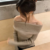 New Chic Korean Elegant Solid Sweaters Vintage Sexy Slash Neck Long Sleeve Autumn Streetwear