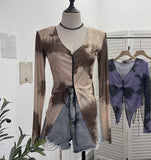 Real Shooting Hottie Slear Dye Printing V Tie With Hollow Irregular Shoulder Long-Sleeved T-Shirt