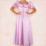 Fongt Women's New Floral Square Collar Sexy Slit Big Swing Autumn And Winter Dress