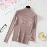 Pullover Women Sweater Autumn Knitted Button Long Sleeve Half Turtleneck Female Jumper Elastic Korean Fashion Blouse