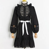 Solid Casual Dress For Women Turtleneck Long Sleeve Patchwork Ruffles Hollow Out Dresses Female 2022 Clothing