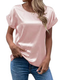 Women's Short-Sleeved Satin Shirt Loose Casual Round-Collar Satin T-Shirt Women's Spring / Summer 2024 New Style-Outfit