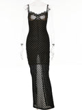 See Through Black Maxi Dress Spaghetti Strap Back Split Long Summer Dress 2023 Sexy Backless Women's Dresses for