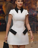 White Collar Contrast Short Sleeve Mini Dress-Outfit