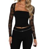 Women's New Sexy Perspective Lace Dress Two Sets Of Long-Sleeved Top T-Shirt Two