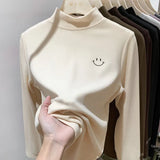 Solid Color Embroidered Half-High Collar Bottomed Blouse In Autumn And Winter German Velvet Temperament Black Long-Sleeved