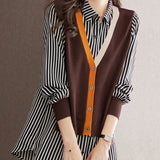 Loose Turn-down Collar Striped Blouse Women's Clothing Fake Two Pieces Spring Autumn Patchwork Single-breasted Shirt-Outfit