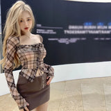 Women's Blouse Square Neck Plaid Slim Sexy Fashion Versatile Long Sleeves-Outfit
