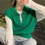 2022 New Pullovers Striped Sleeveless Knitted POLO Collar Wild Spring Autumn Women Sweaters Short Vests