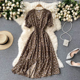 Dress Women's Aging Bubble Cuff Buckle Slimming Medium-Long Heart Machine Forked Retro Broken Flower Platycodon Grandiflorum Skirt-Outfit