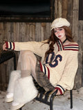 Brown V-neck Letter Print Oversize Sweater-Outfit